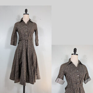 Sundance Midi Shirt Dress 6 Brown Floral Roll Tab Sleeve Y2K Flare Work Cottage